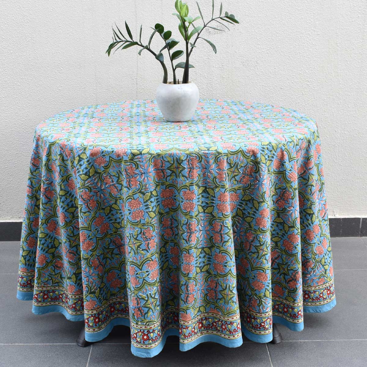 Hand Block Printed Cotton Round Tablecloth 150 cms Lotus Green Gud 204895