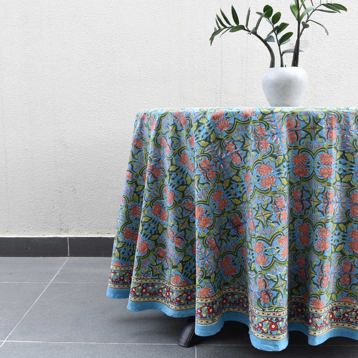 Hand Block Printed Cotton Round Tablecloth 150 cms Lotus Green Gud 204895