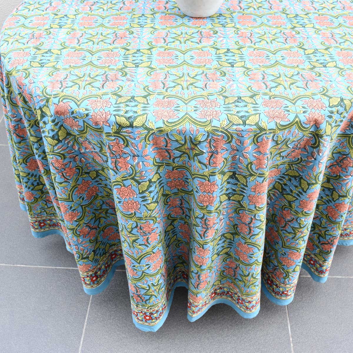 Hand Block Printed Cotton Round Tablecloth 150 cms Lotus Green Gud 204895