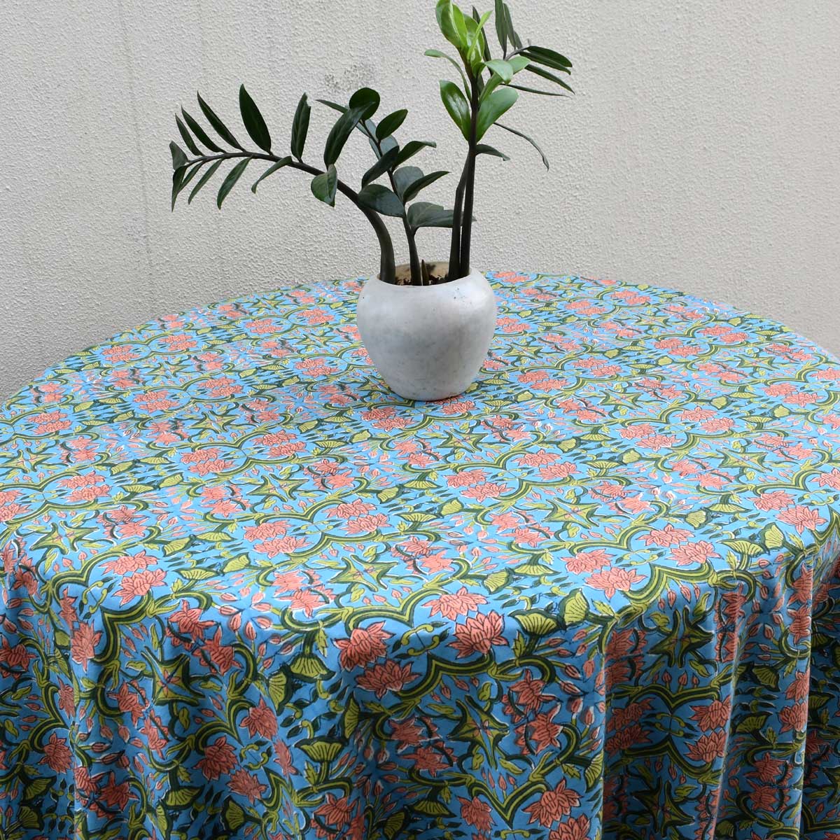 Hand Block Printed Cotton Round Tablecloth 150 cms Lotus Green Gud 204895