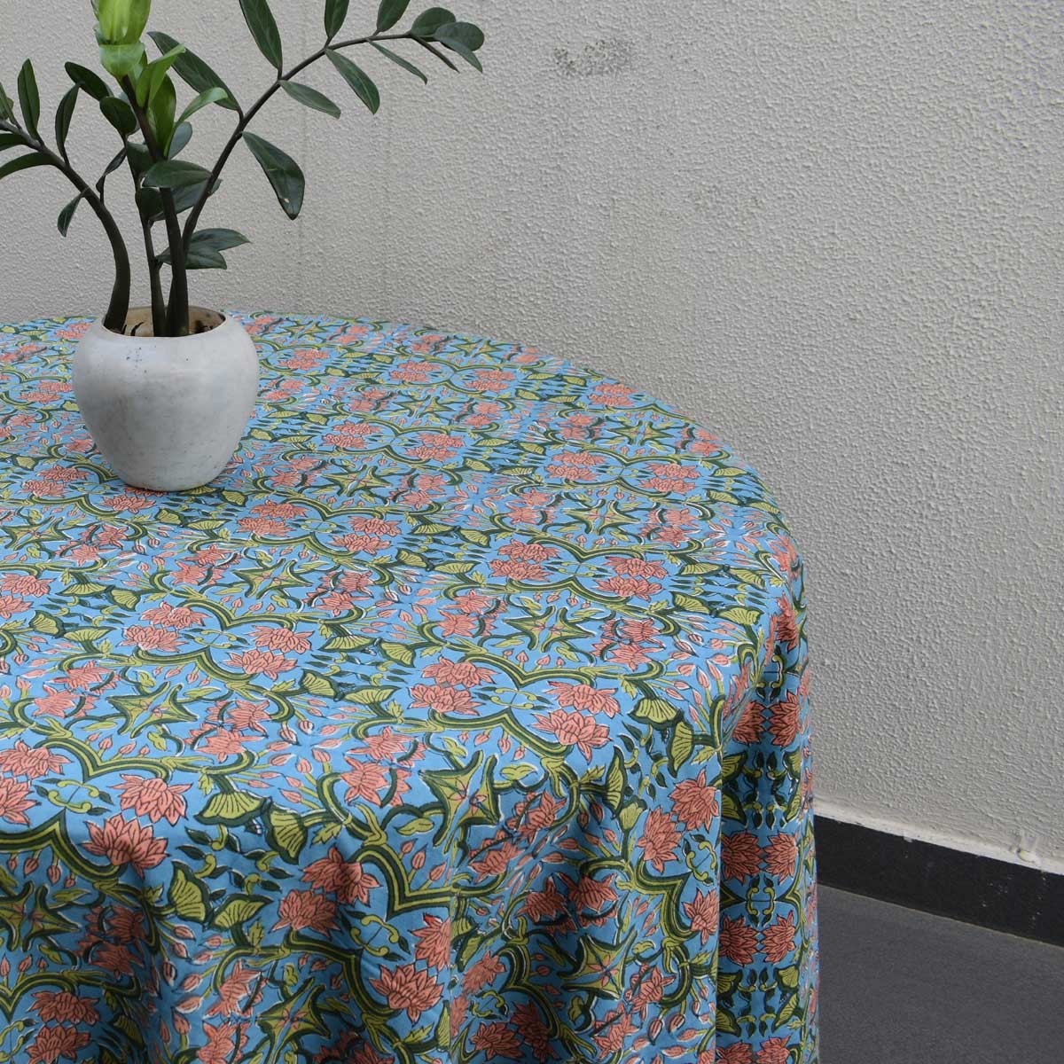 Hand Block Printed Cotton Round Tablecloth 180 cms Lotus Green Gud 204895