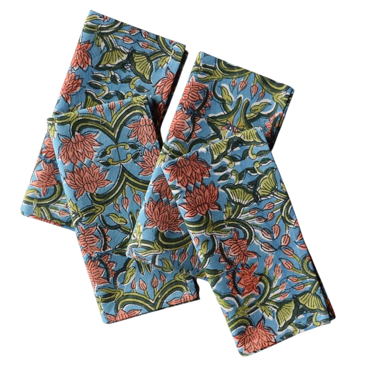 Hand Block Printed Cotton Napkin 45x45 cms Set of 4 Napkins Lotus Green Gud 204895