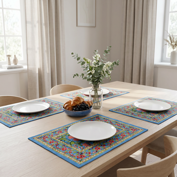 Hand Block Printed Cotton Canvas Table Mat 32x48 cms Set of 2 Table mats Lotus Green Gud 204895