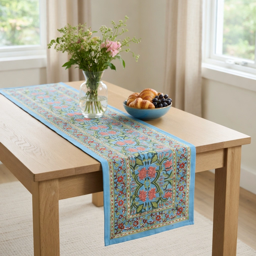 Hand Block Printed Cotton Canvas Table Runner 33x120 cms Lotus Green Gud 204895