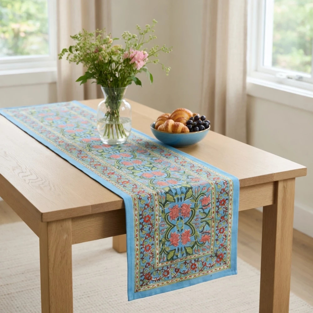Image of Hand Block Printed Cotton Canvas Table Runner 33x120 cms | Lotus Green Gud 204912
