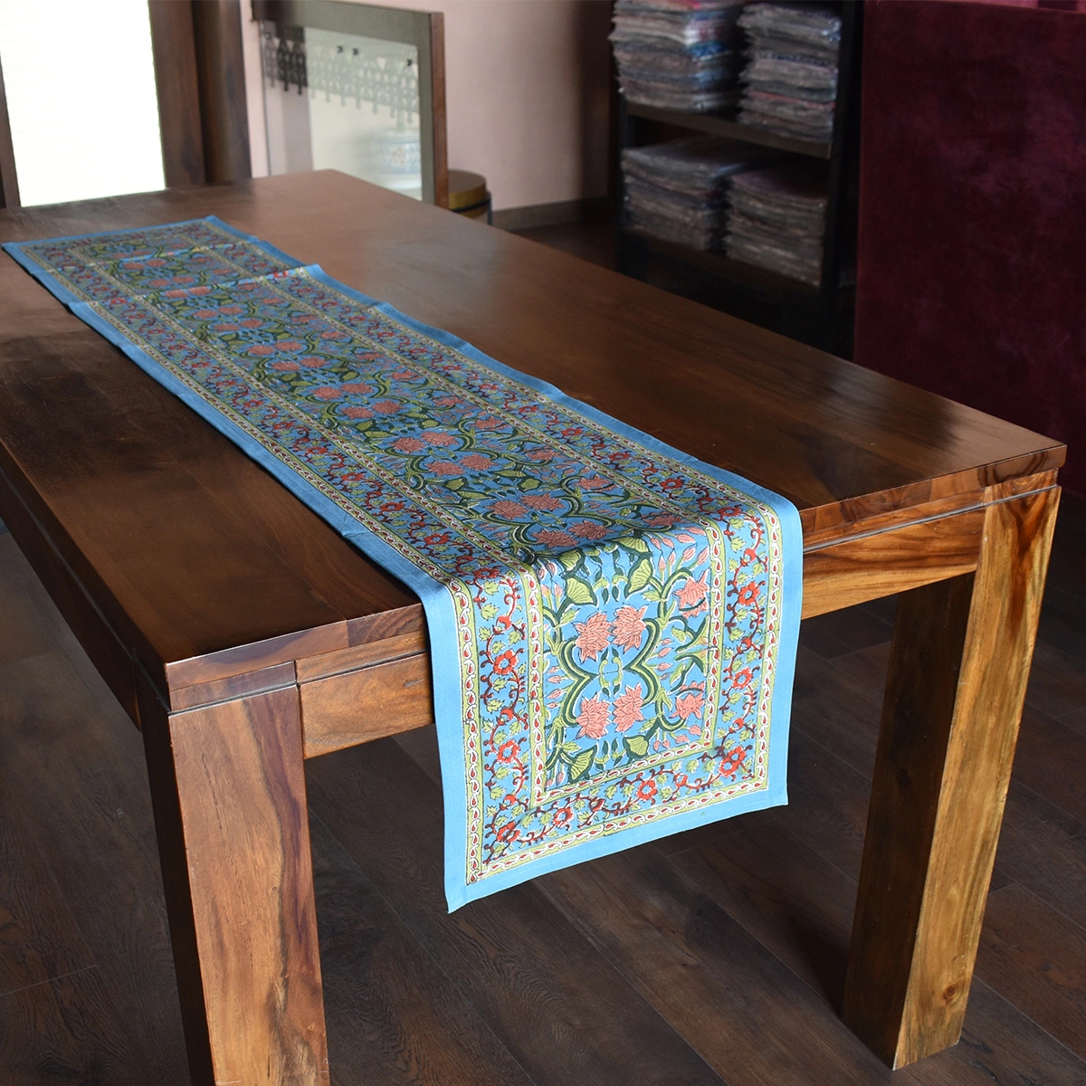 Hand Block Printed Cotton Canvas Table Runner 33x170 cms lotus green gud 204895