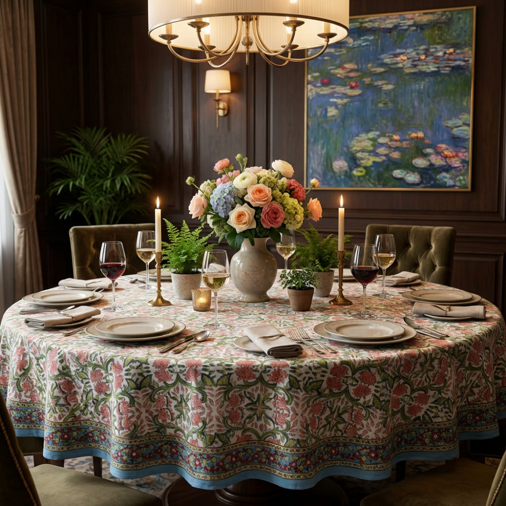 Image of Hand Block Printed Cotton Round Tablecloth 180 cms | Lotus Green Open 106868