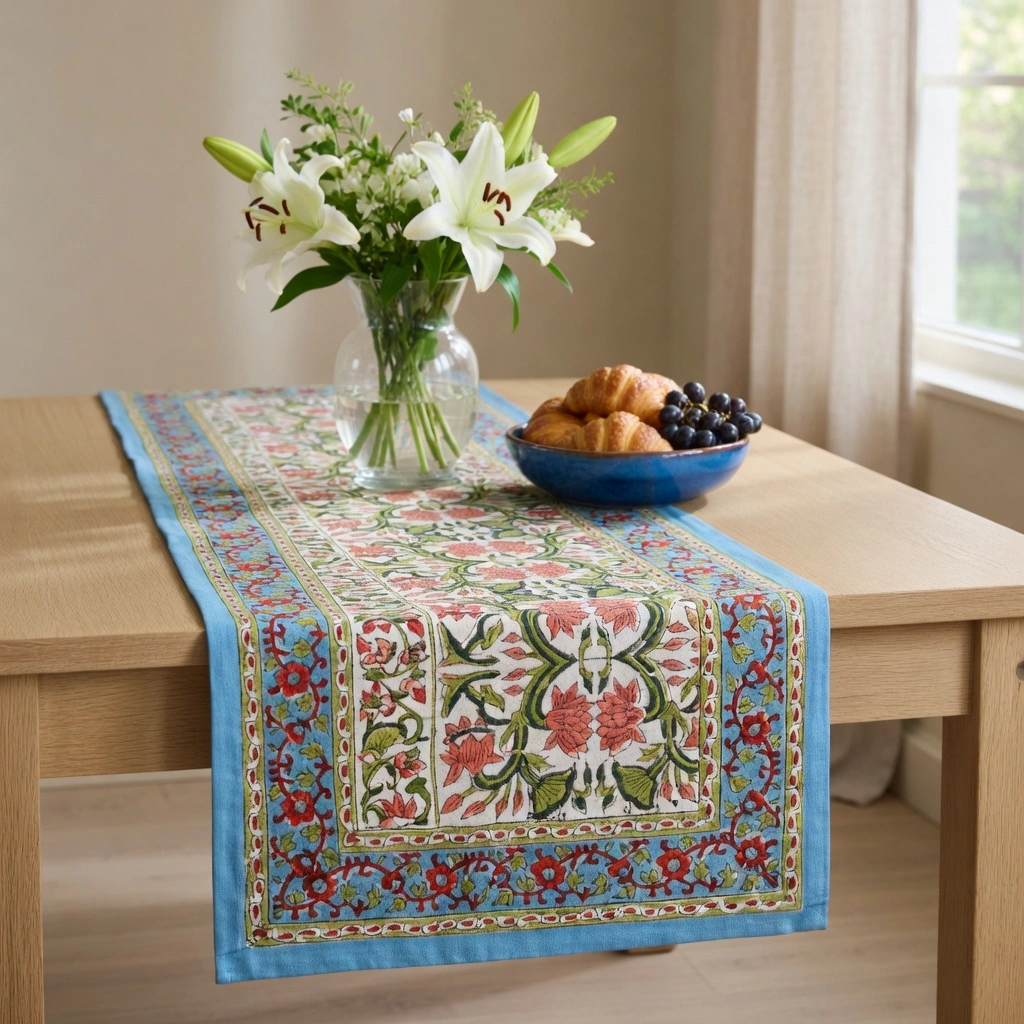 Hand Block Printed Cotton Canvas Table Runner 33x170 cms Lotus Green Open 106868