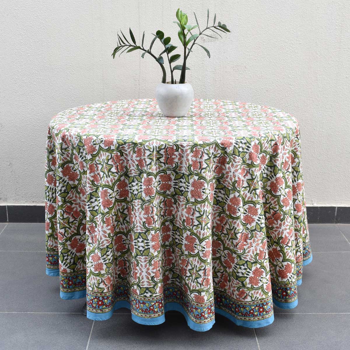 Hand Block Printed Cotton Round Tablecloth 220 cm Lotus Green Open 106868