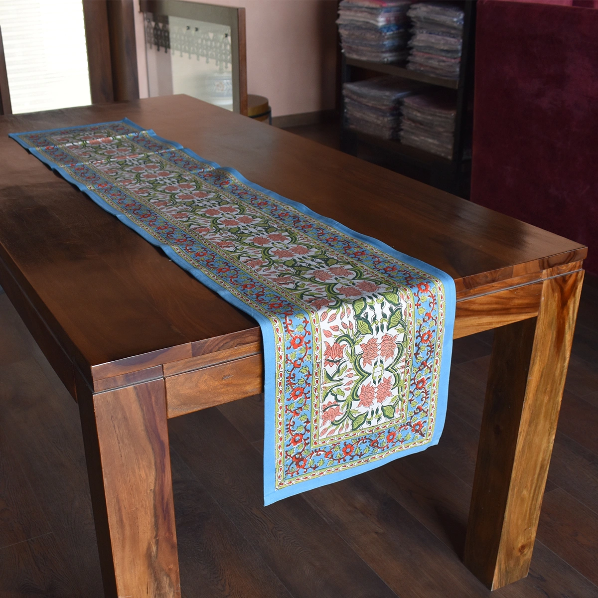Hand Block Printed Cotton Canvas Table Runner 33x170 cms Lotus Green Open 106868