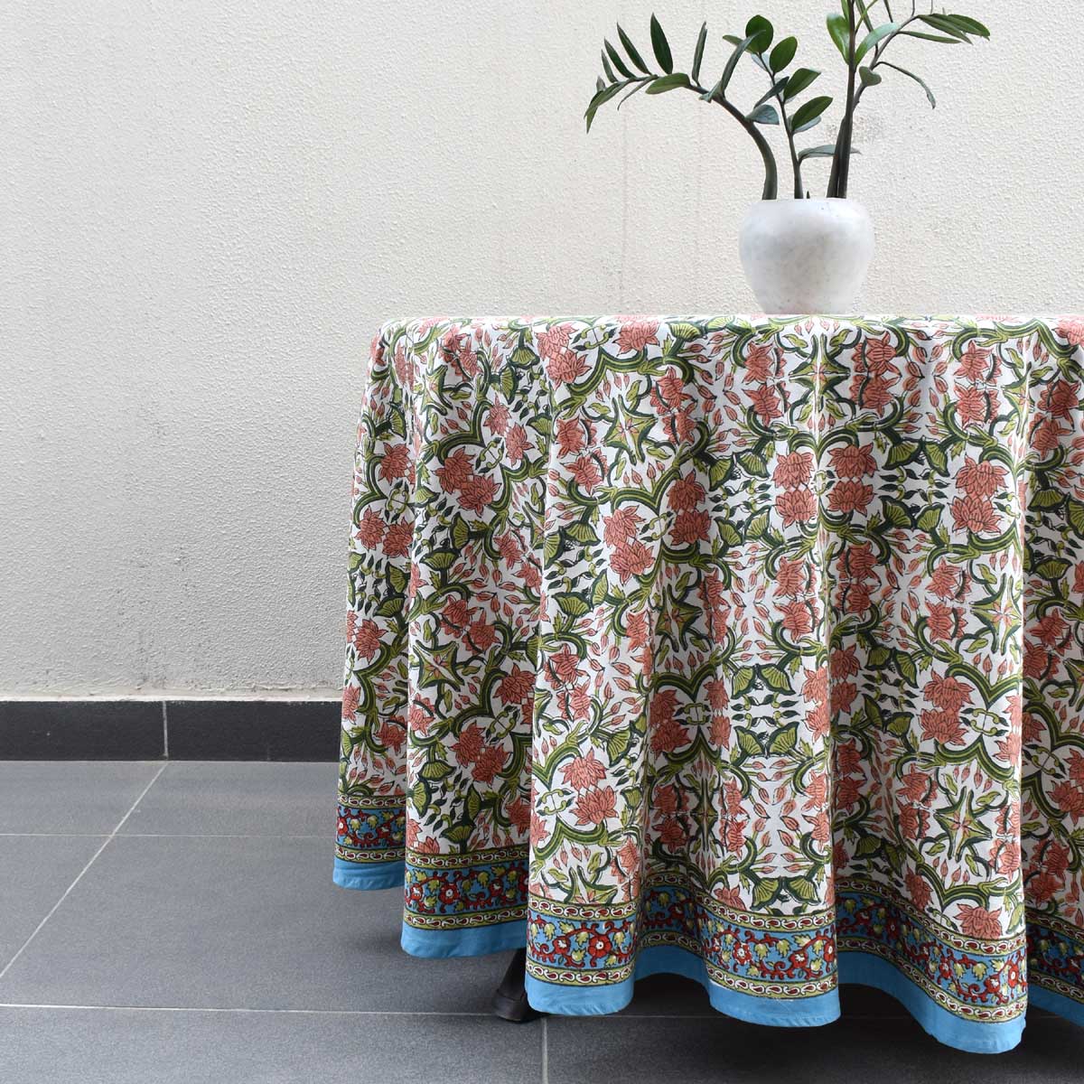 Hand Block Printed Cotton Round Tablecloth 220 cm Lotus Green Open 106868
