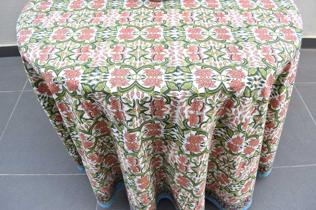 Hand Block Printed Cotton Round Tablecloth 220 cm Lotus Green Open 106868