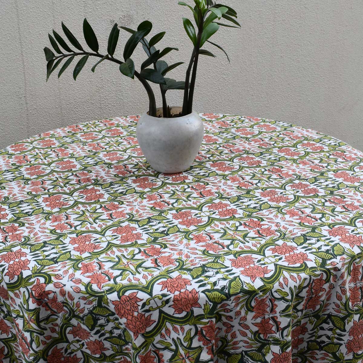 Hand Block Printed Cotton Round Tablecloth 180 cms Lotus Green Open 106868