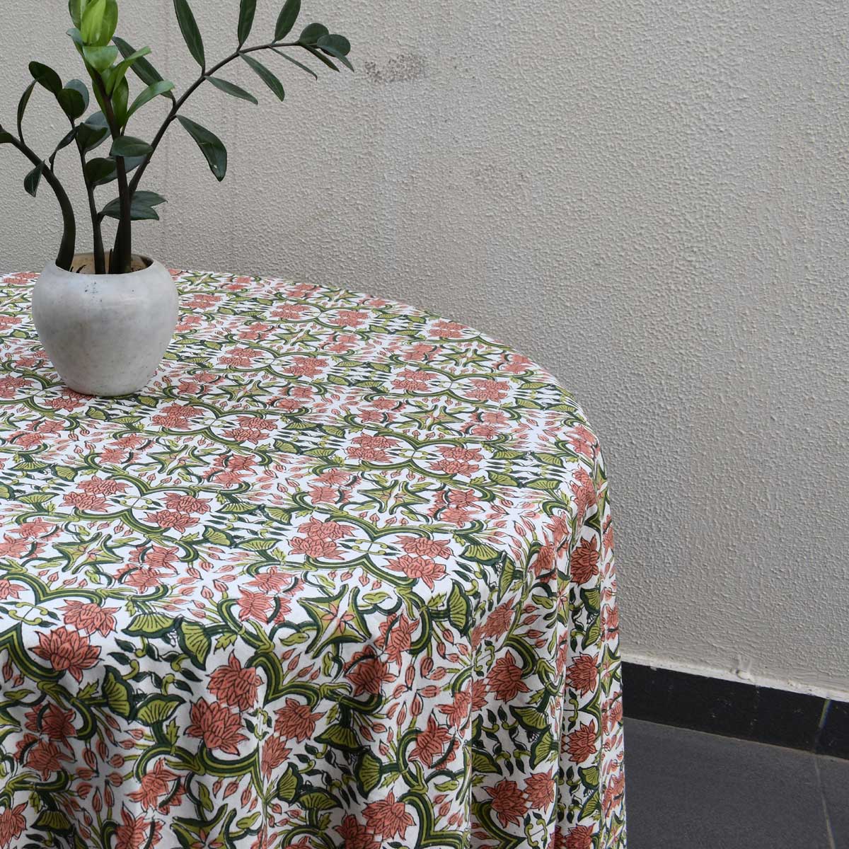Hand Block Printed Cotton Round Tablecloth 220 cm Lotus Green Open 106868