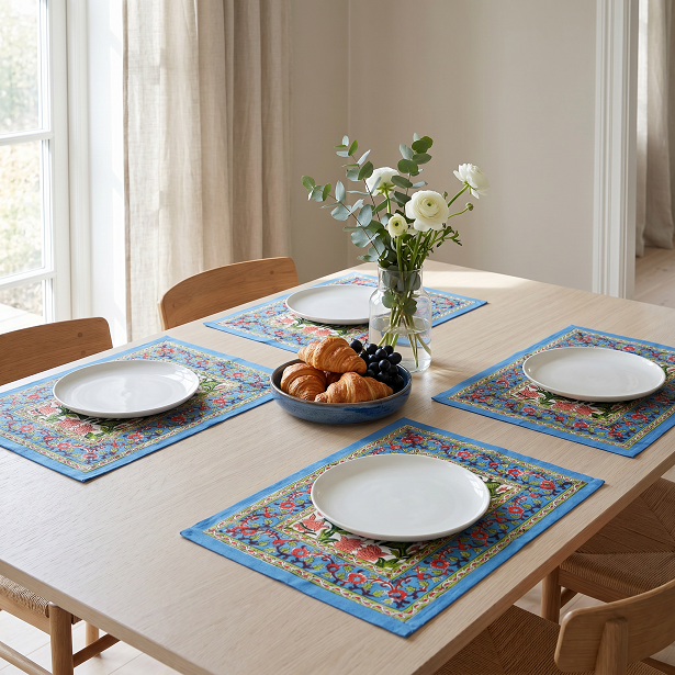 Hand Block Printed Cotton Canvas Table Mat 32x48 cms Set of 2 Table mats Lotus Green Open 106868