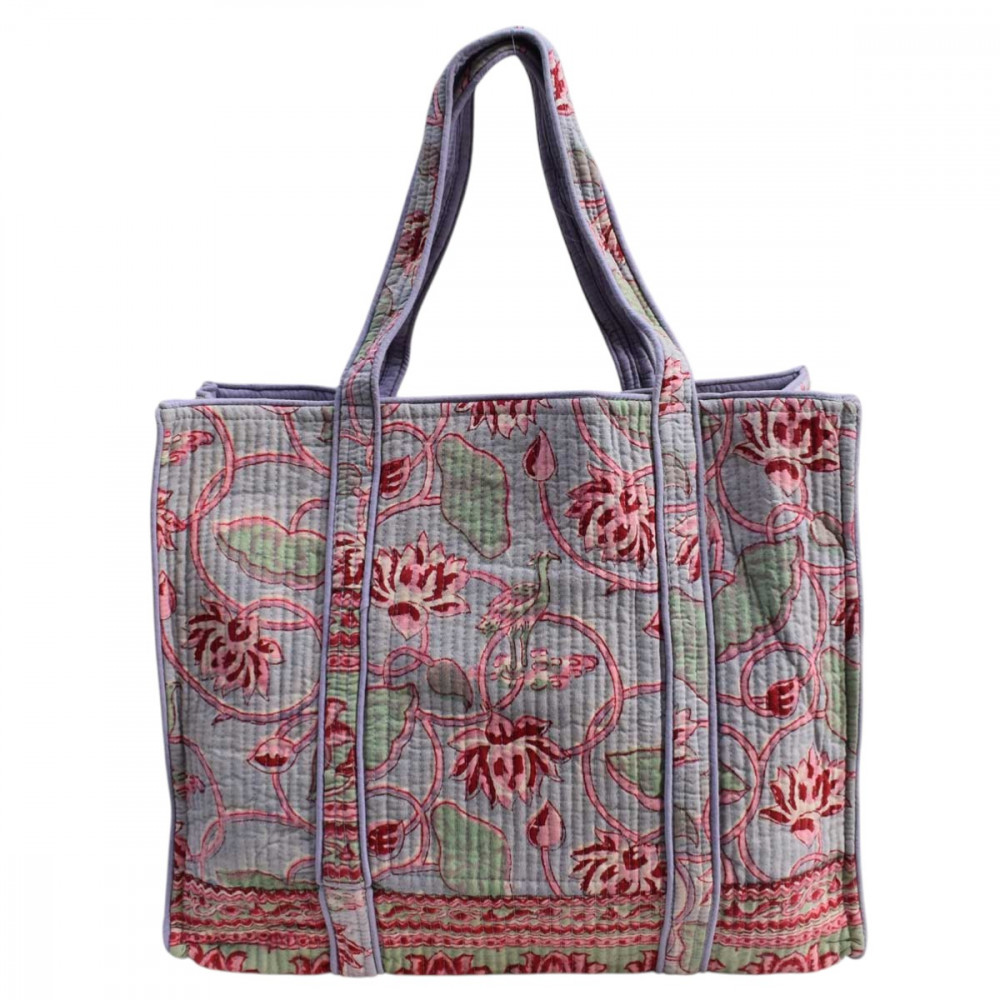 Image of Hand Block Printed Cotton Quilted Tote Bag | Lotus Lake Grey 105573