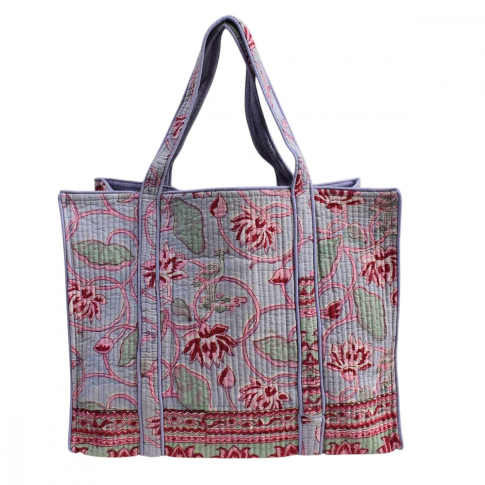 Image of Hand Block Printed Cotton Quilted Tote Bag | Lotus Lake Grey 105573