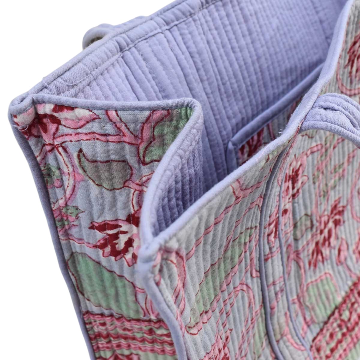Hand Block Printed Cotton Quilted Tote Bag  Lotus Lake Grey 105573