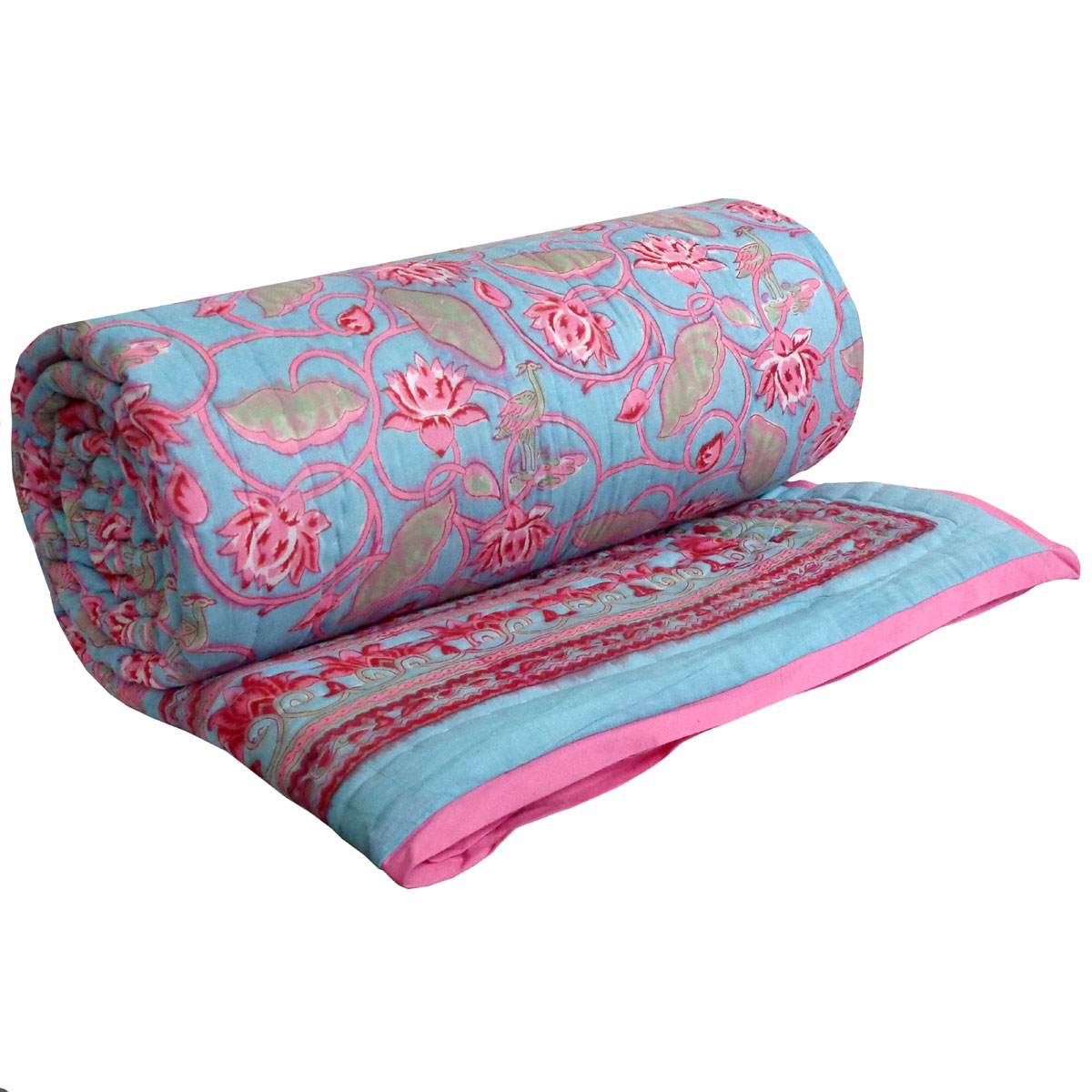 Hand Block Printed Cotton Queen Size Quilt Lotus Lake Jade 202202