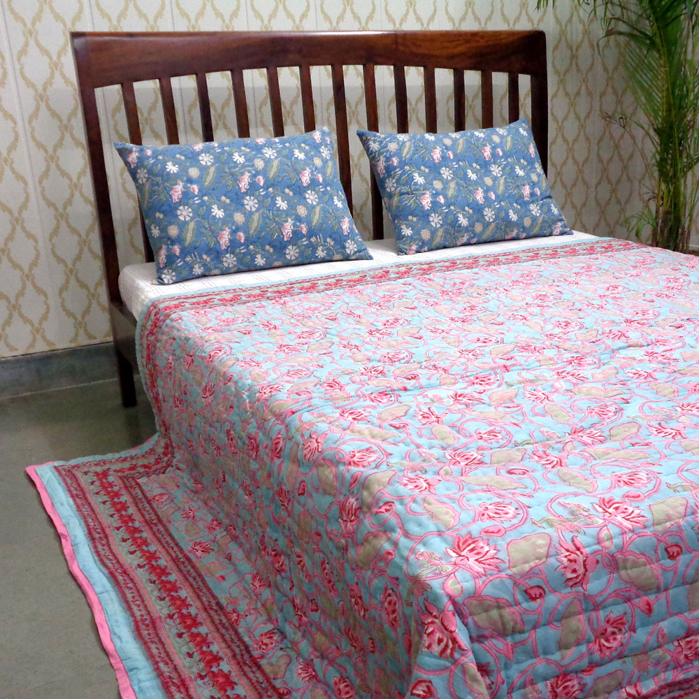 Hand Block Printed Cotton Queen Size Quilt Lotus Lake Jade 202202