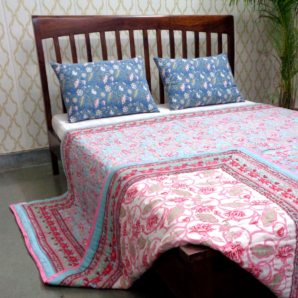 Hand Block Printed Cotton Queen Size Quilt Lotus Lake Jade 202202