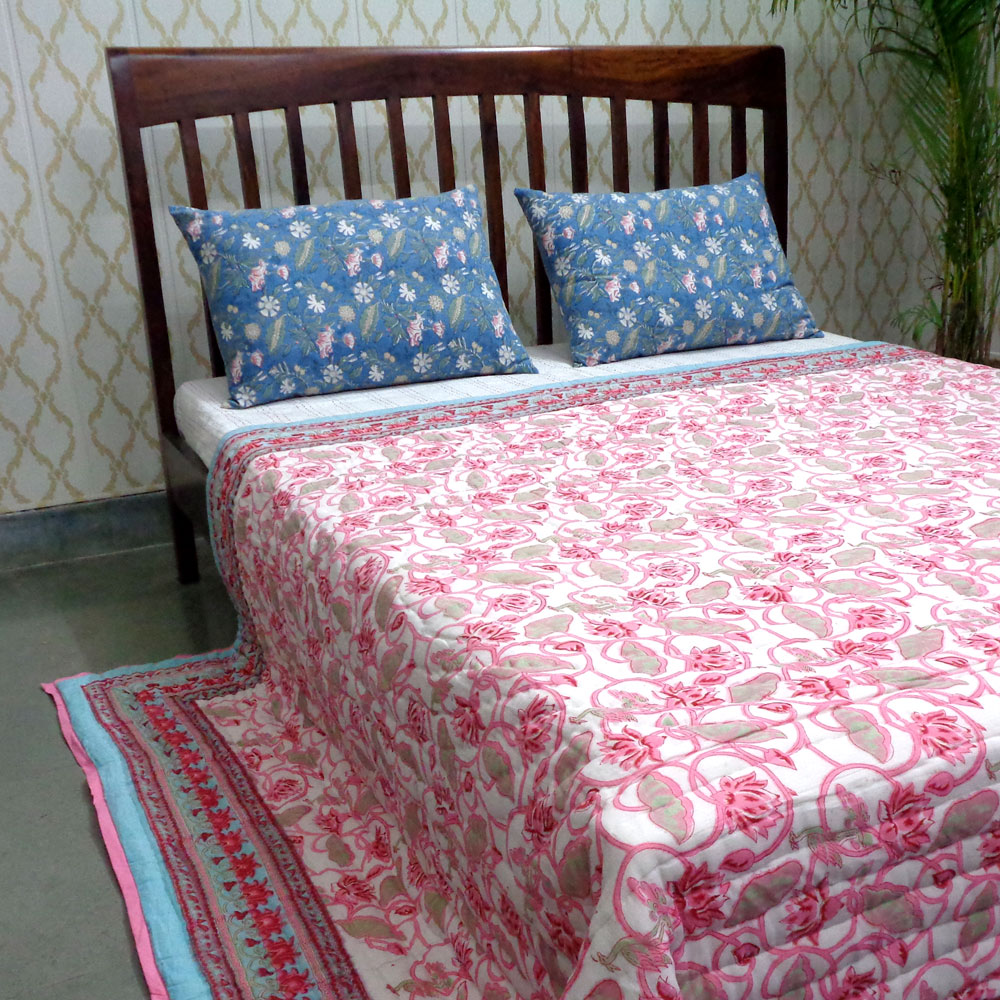 Hand Block Printed Cotton Queen Size Quilt Lotus Lake Jade 202202