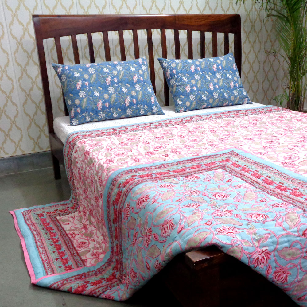 Hand Block Printed Cotton Queen Size Quilt Lotus Lake Jade 202202