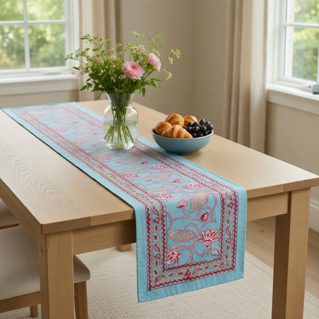 Hand Block Printed Cotton Canvas Table Runner 33x120 cms Lotus Lake Jade 202202