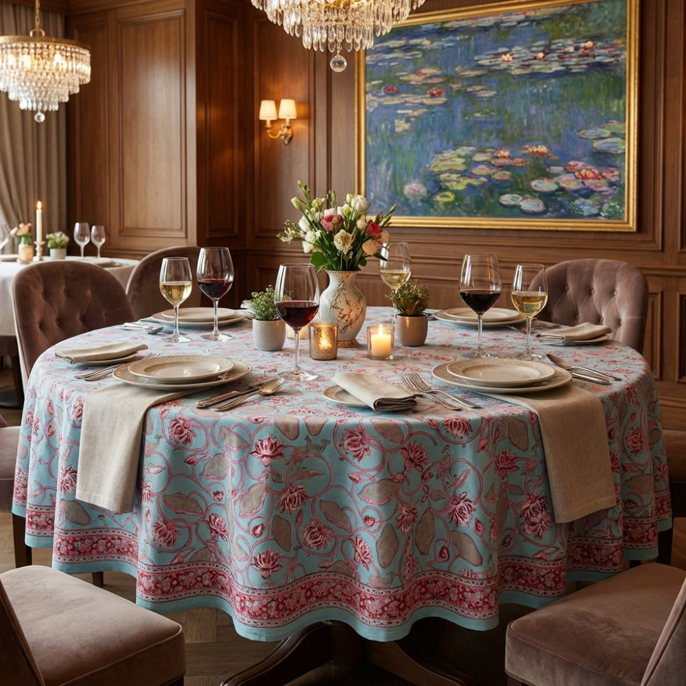 Image of Hand Block Printed Cotton Round Tablecloth 180 cms | Lotus Lake Jade 202202