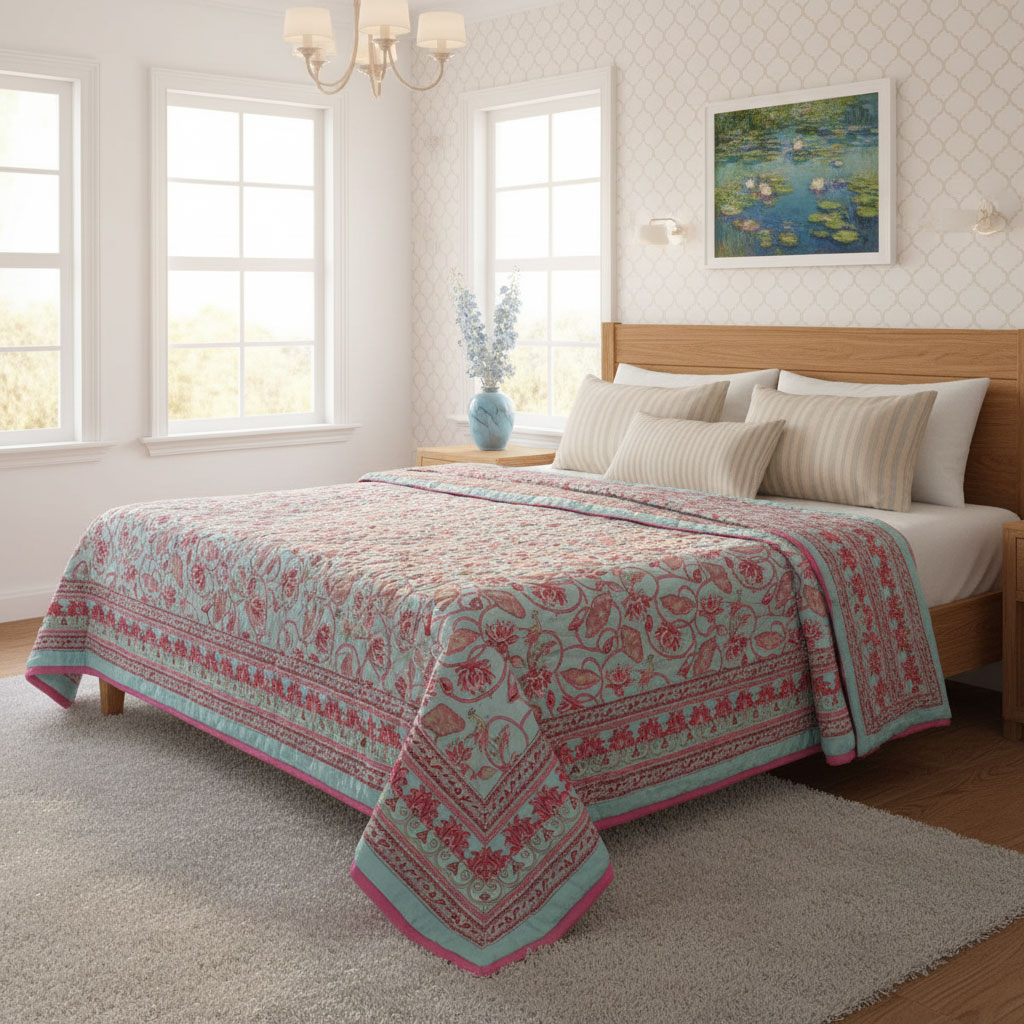 Hand Block Printed Cotton Queen Size Quilt  Lotus Lake Jade 202202