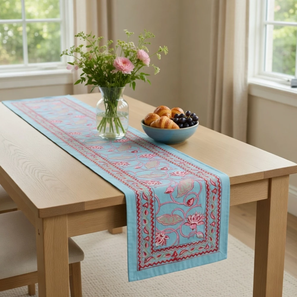 Image of Hand Block Printed Cotton Canvas Table Runner 33x170 cms | Lotus Lake Jade 202202