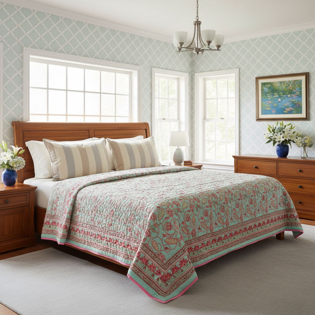 Hand Block Printed Cotton Twin Size Quilt  Lotus Lake Jade 202202