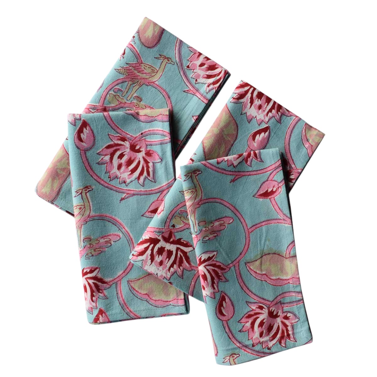 Hand Block Printed Cotton Napkin 45x45 cms Set of 4 Napkins Lotus Lake Jade 202202