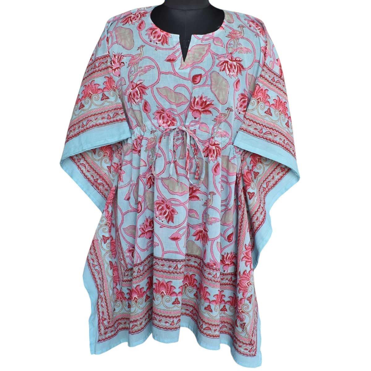 String Kaftan Free Size Indian Block Printed on Soft Cotton Voile Lotus Lake Jade 202202