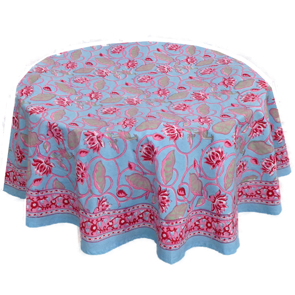 Hand Block Printed Cotton Round Tablecloth 220 cms Lotus Lake Jade 202202