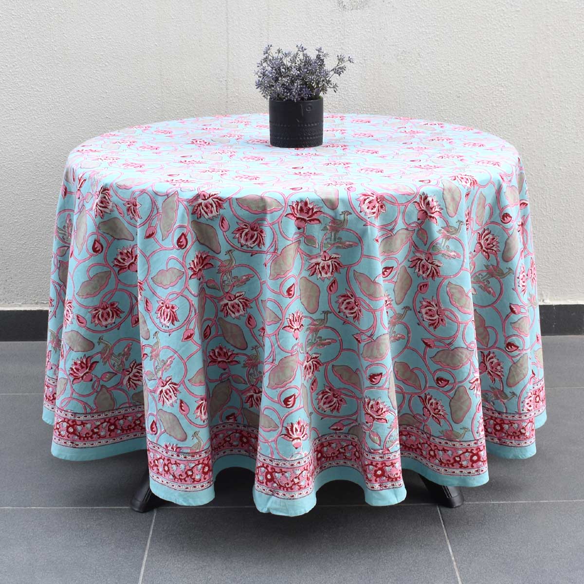 Hand Block Printed Cotton Round Tablecloth 220 cms Lotus Lake Jade 202202