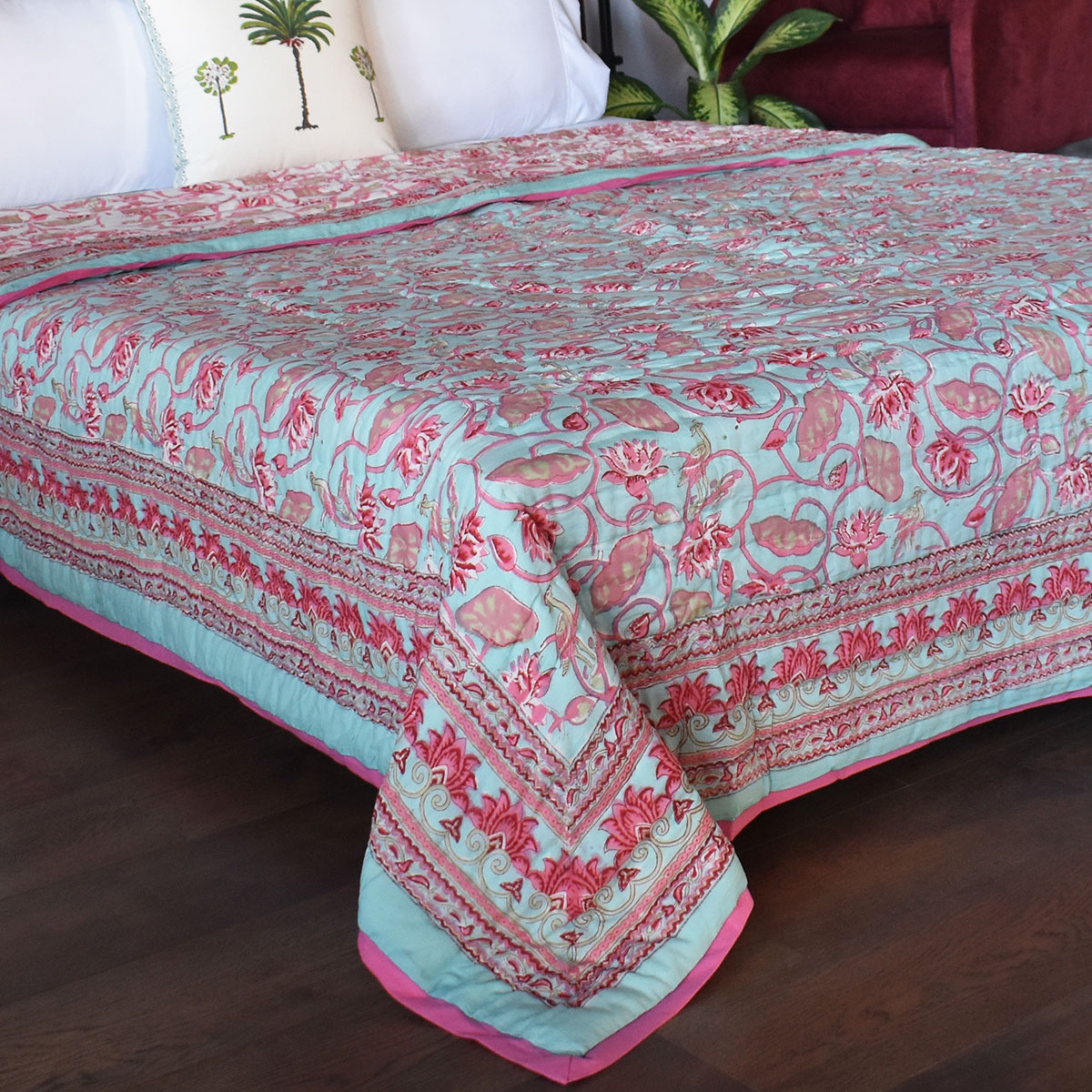 Hand Block Printed Cotton Queen Size Quilt  Lotus Lake Jade 202202