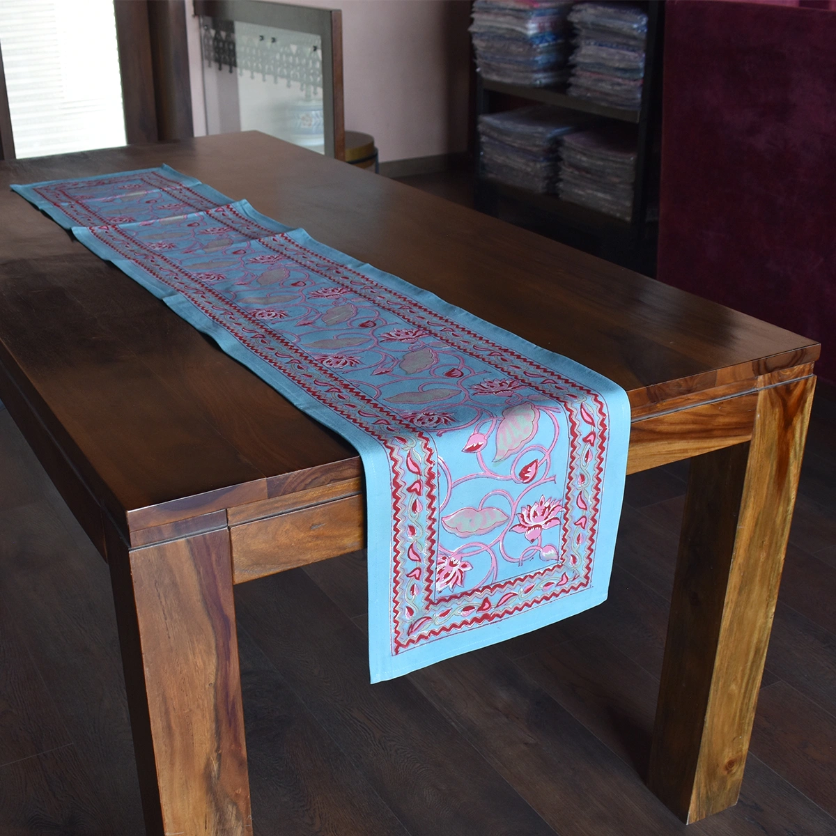 Hand Block Printed Cotton Canvas Table Runner 33x170 cms Lotus Lake Jade 202202
