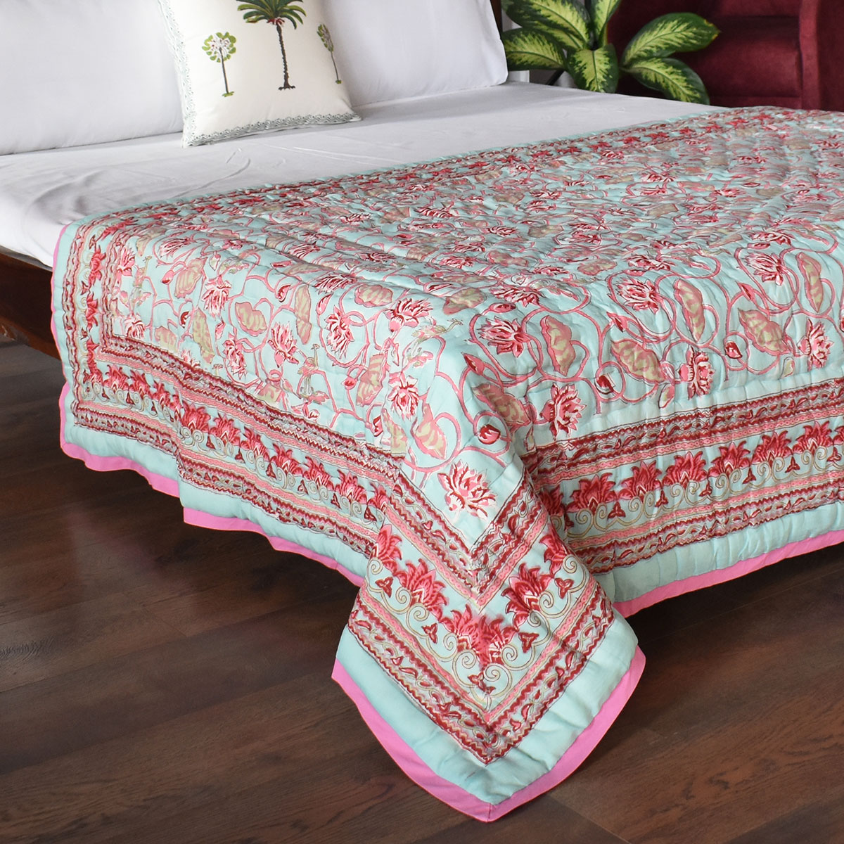 Hand Block Printed Cotton Twin Size Quilt  Lotus Lake Jade 202202