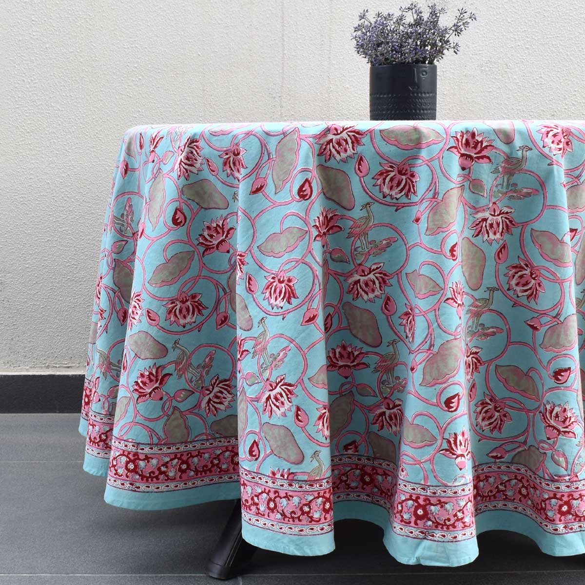 Hand Block Printed Cotton Round Tablecloth 150 cms Lotus Lake Jade 202202
