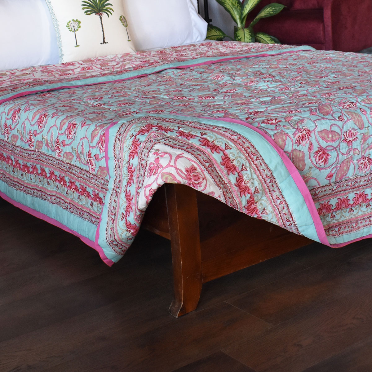 Hand Block Printed Cotton Queen Size Quilt Lotus Lake Jade 202202
