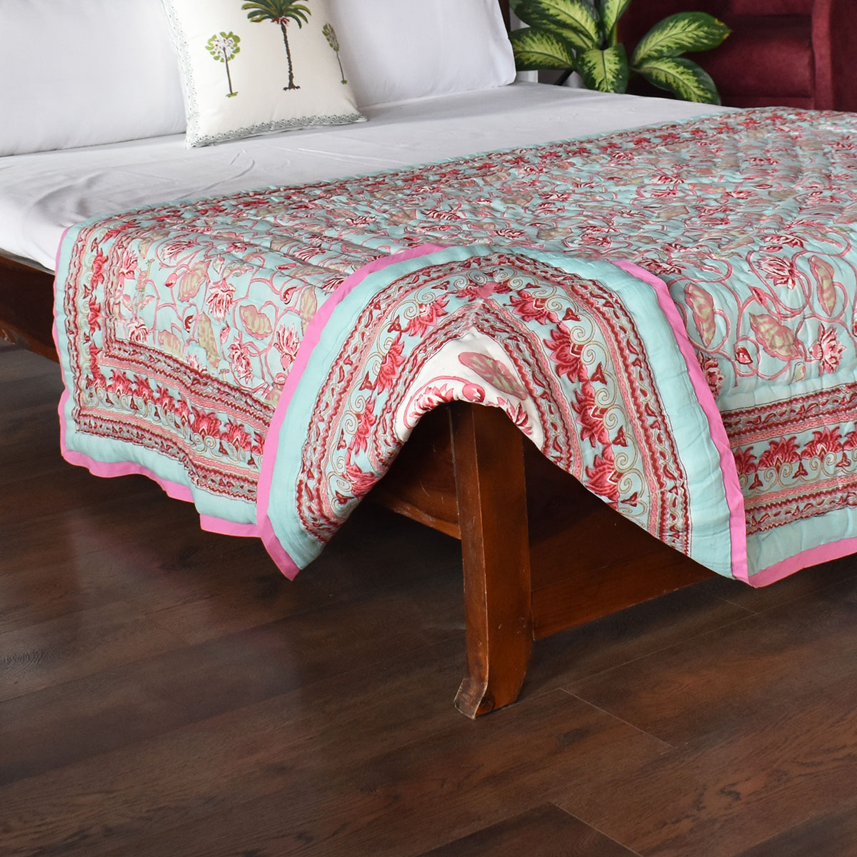 Hand Block Printed Cotton Twin Size Quilt Lotus Lake Jade 202202