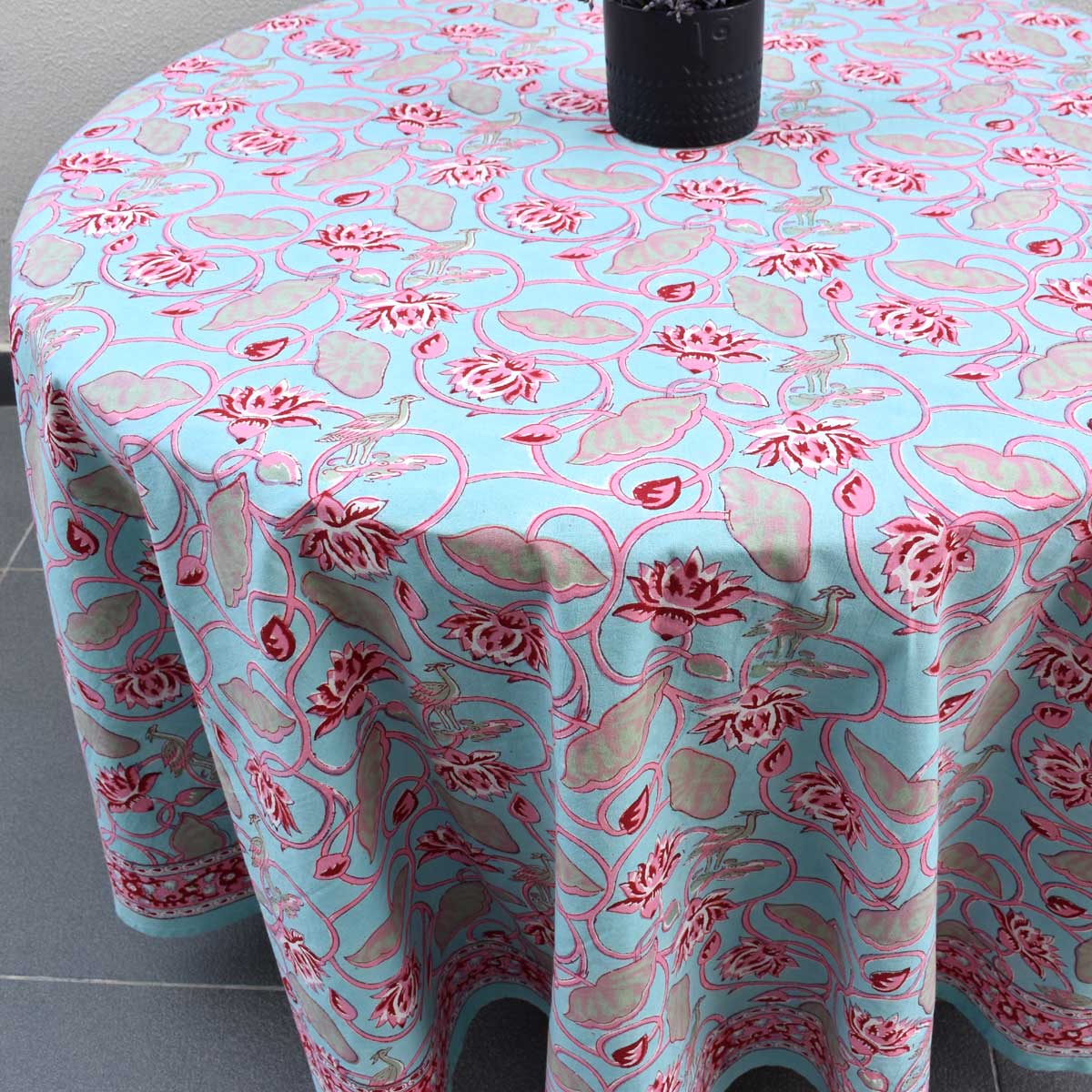 Hand Block Printed Cotton Round Tablecloth 220 cms Lotus Lake Jade 202202