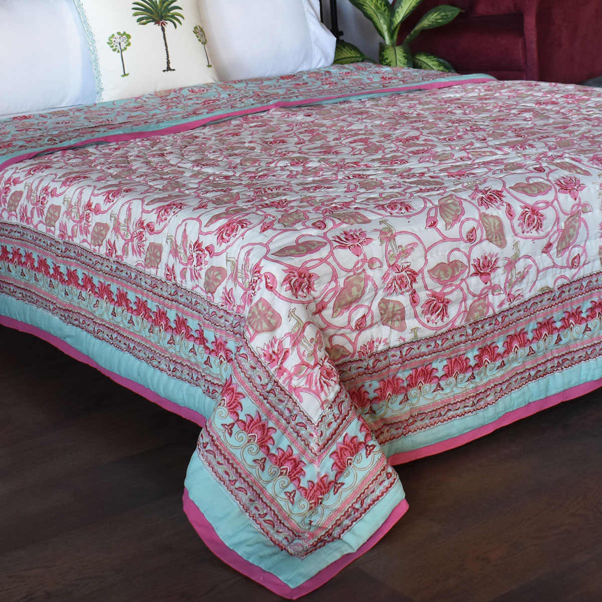 Hand Block Printed Cotton Queen Size Quilt Lotus Lake Jade 202202