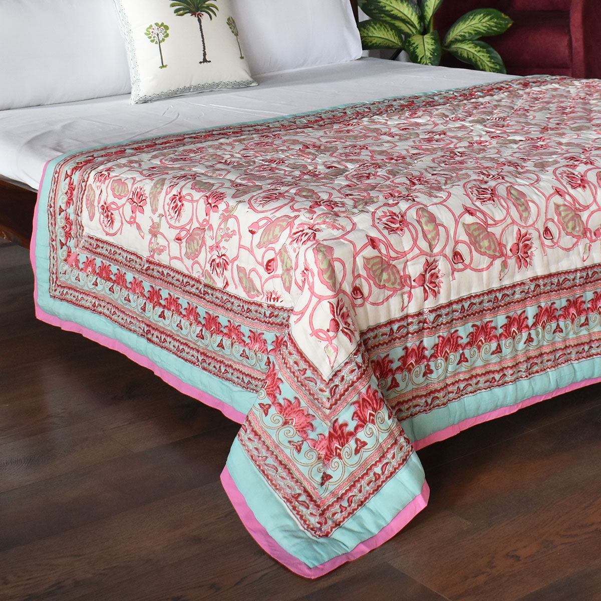 Hand Block Printed Cotton Twin Size Quilt Lotus Lake Jade 202202
