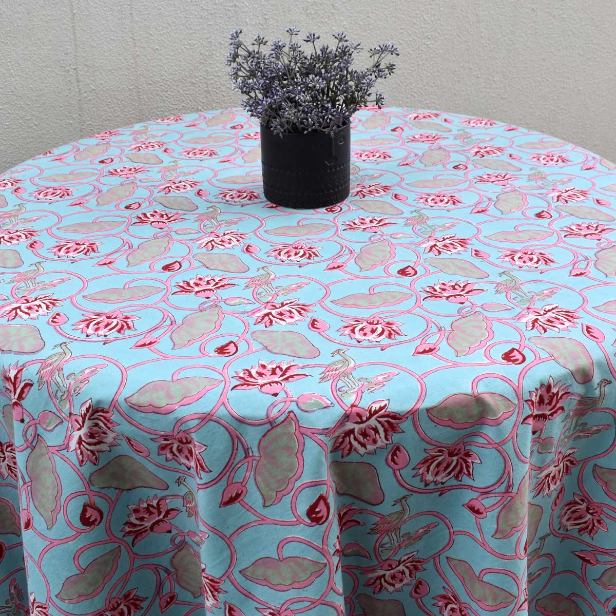 Hand Block Printed Cotton Round Tablecloth 150 cms Lotus Lake Jade 202202