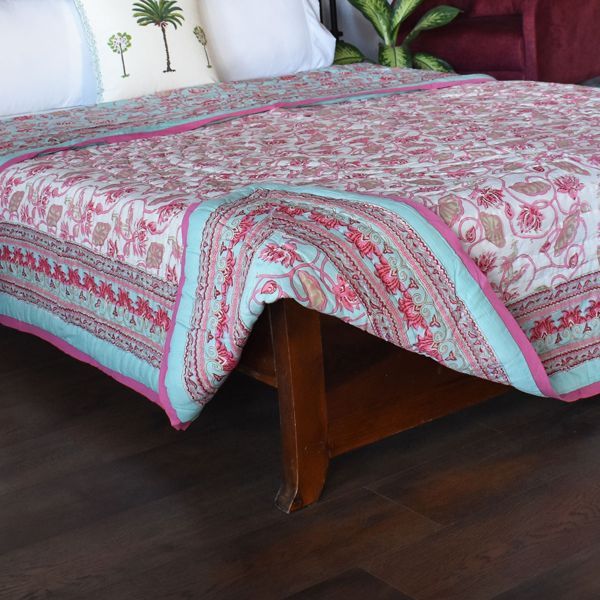 Hand Block Printed Cotton Queen Size Quilt Lotus Lake Jade 202202