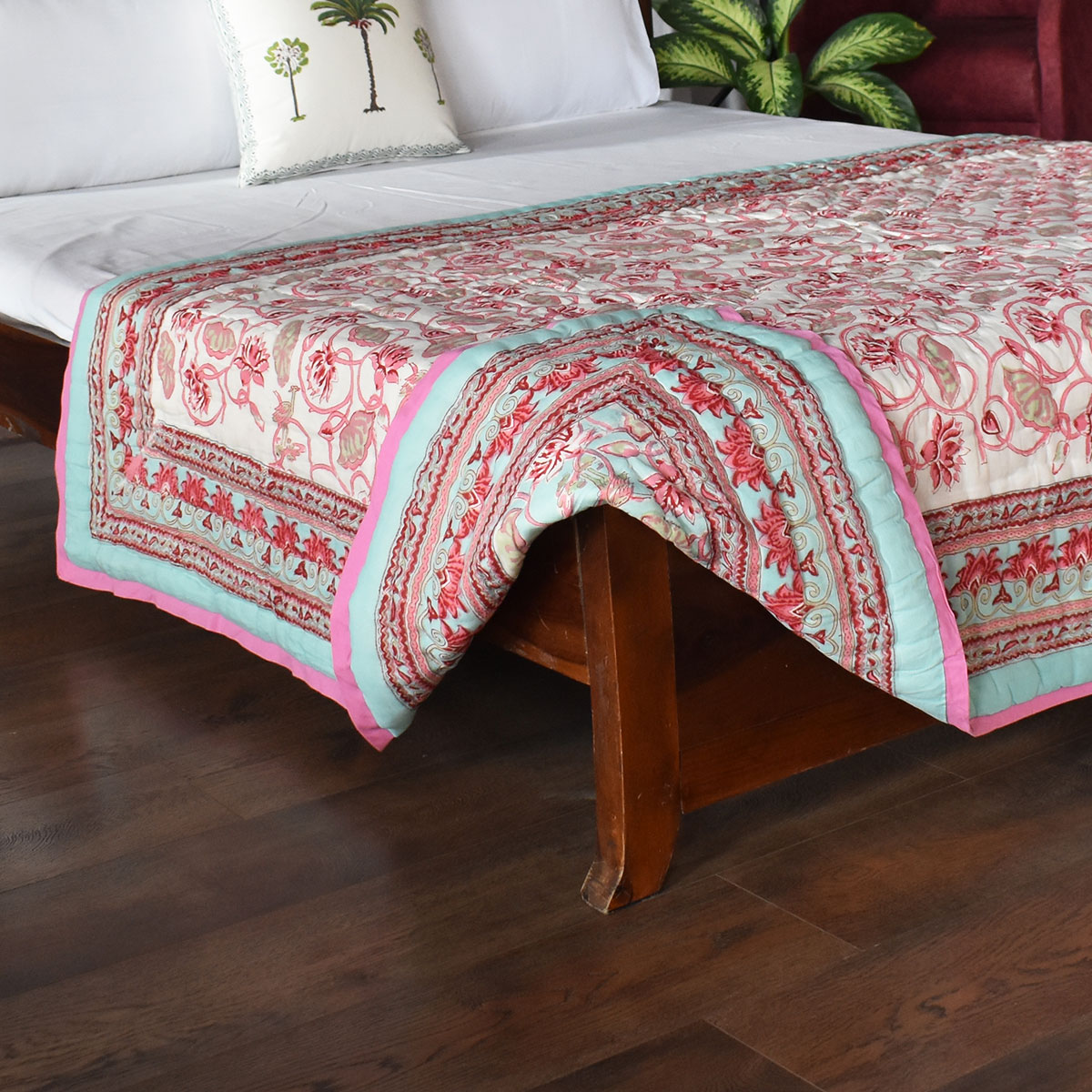 Hand Block Printed Cotton Twin Size Quilt  Lotus Lake Jade 202202