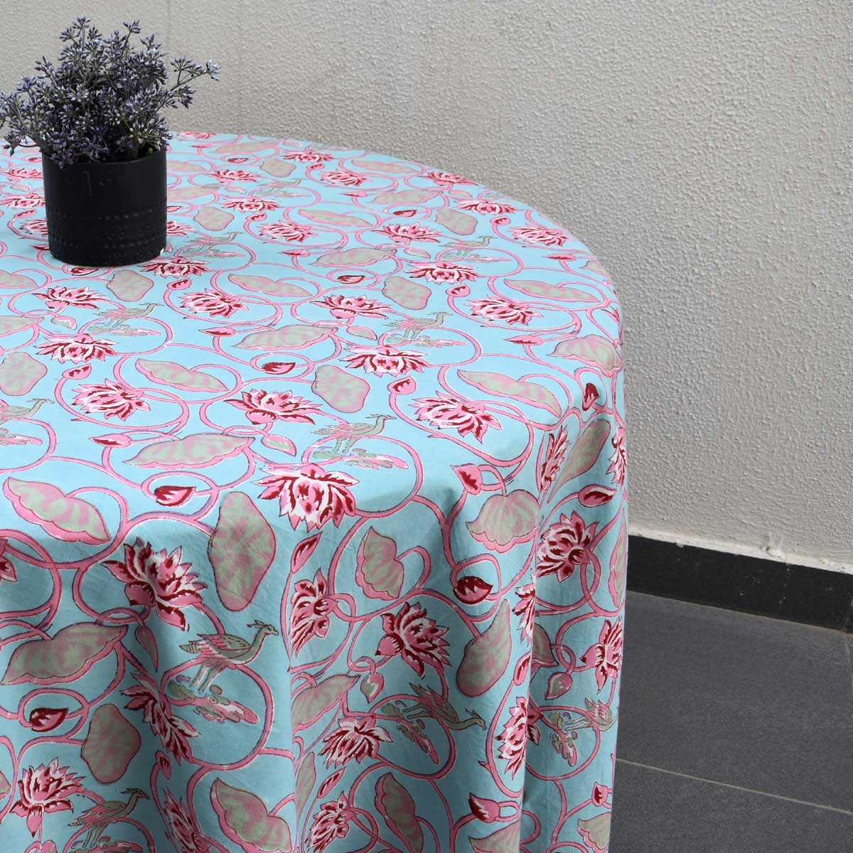 Hand Block Printed Cotton Round Tablecloth 150 cms Lotus Lake Jade 202202