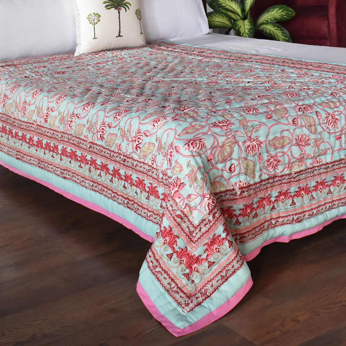 Hand Block Printed Cotton Twin Size Quilt  Lotus Lake Jade 202202